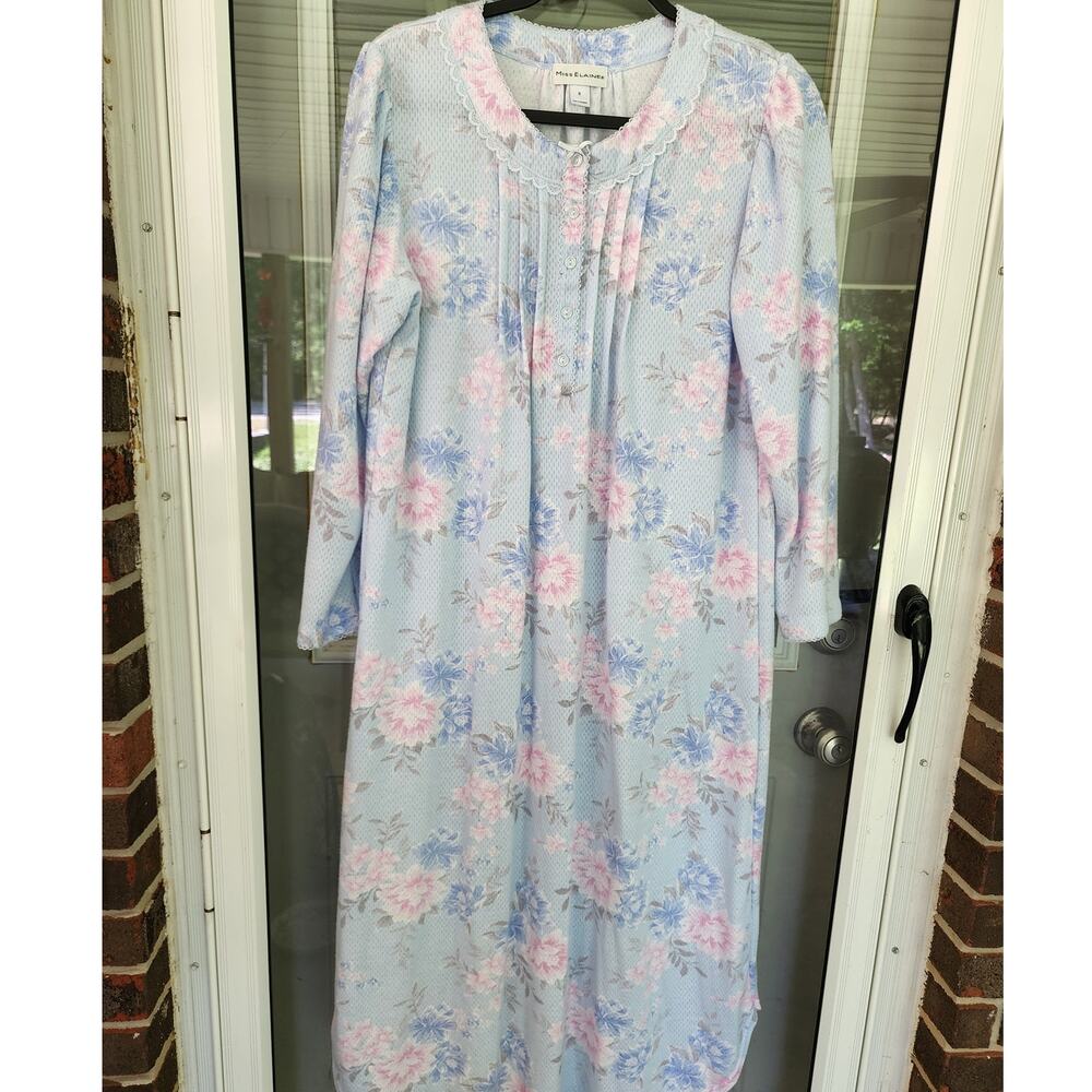 Miss Elaine Women's Small Long Sleeve Blue Floral Gown Scalloped Neck Sleeves - Picture 3 of 7
